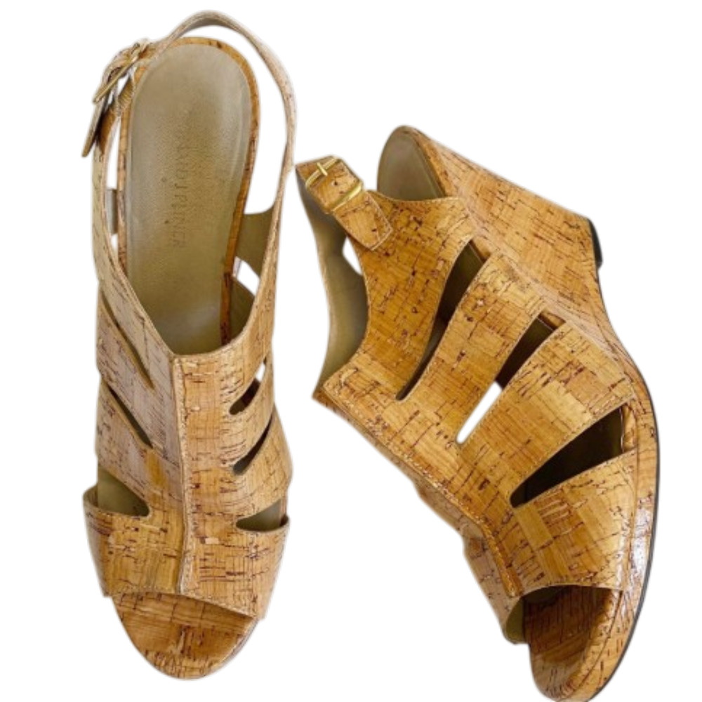 Donald J Pliner Haddi Cork Wedge Sandals Women’s 8.5 Brown Patent